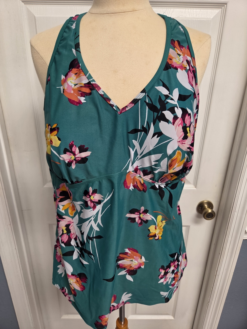 torrid Teal Floral V-Neck Swim Tankini Top with Pink & Yellow Blooms